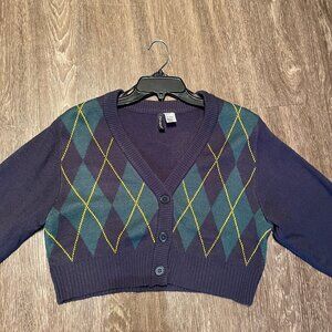 H&M Argyle Cropped Cardigan – Blue & Green, Size S